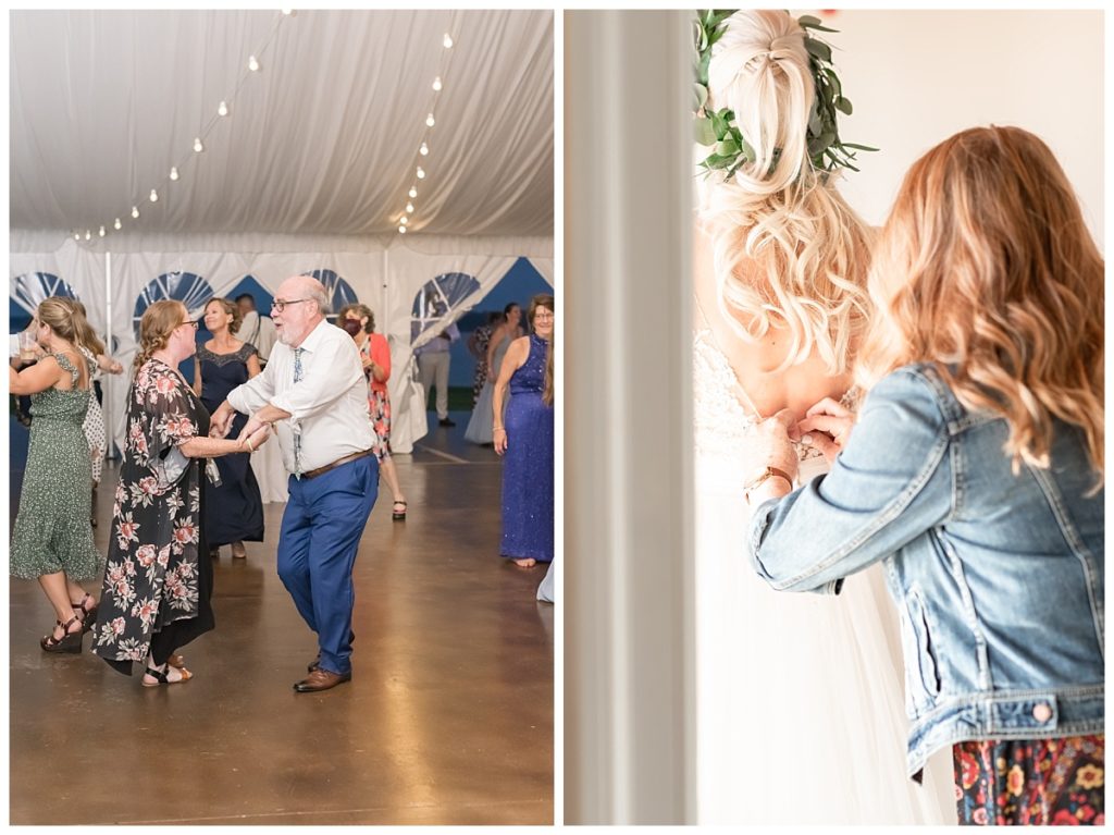 Left panel - Jess dancing with wedding guests at reception; right panel - Jess helping a bride with her wedding dress