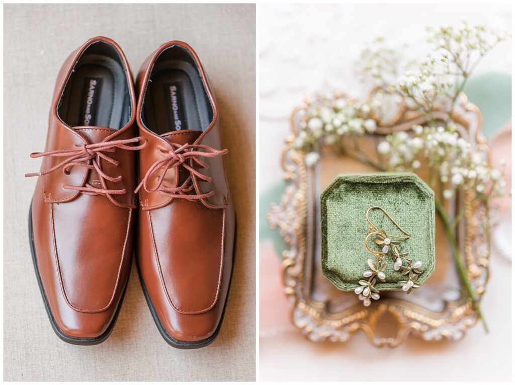 Grooms shoes on left; detail shot of earrings on ring box on right