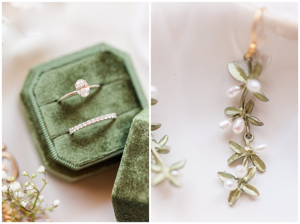 Detail shot of bride's rings in sage green ring box and pearl drop earring