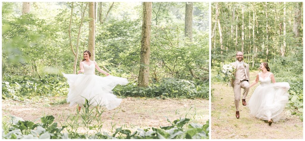 Bride and groom frolicking through the woods