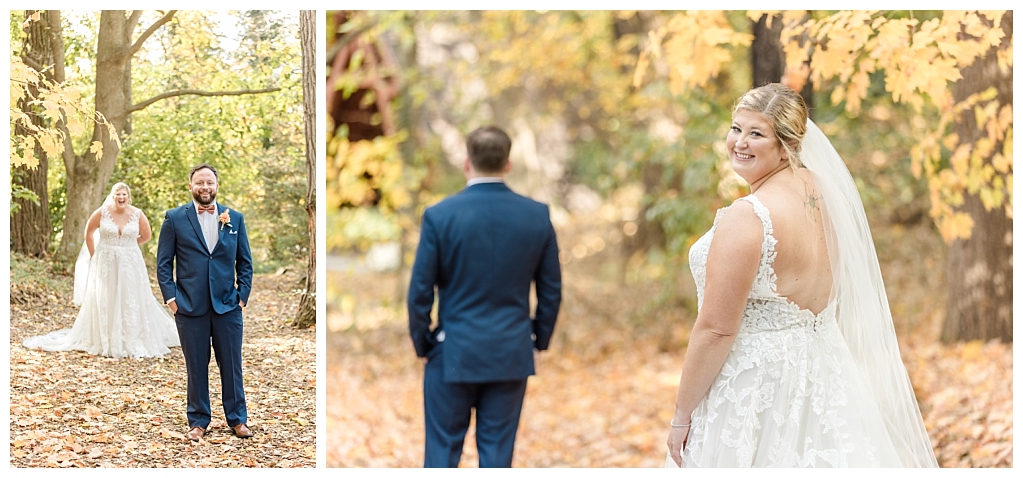 Julia and Andy doing a first look along one of the wooded paths at The Stone Mill Inn in York, PA
