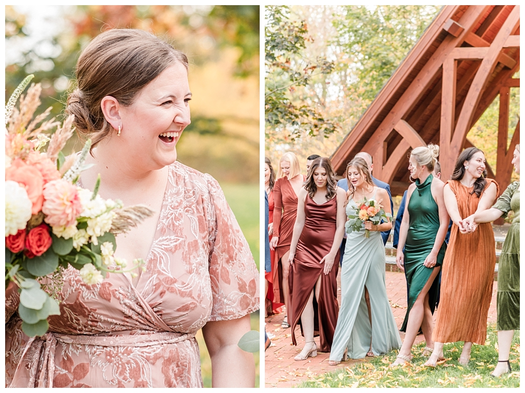 Bridal party walking through the rustic woodland landscape of The Abbey at The Stone Mill Inn, York, PA