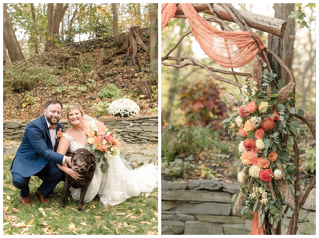 Bride and groom walking through field overlooking rustic autumn foliage