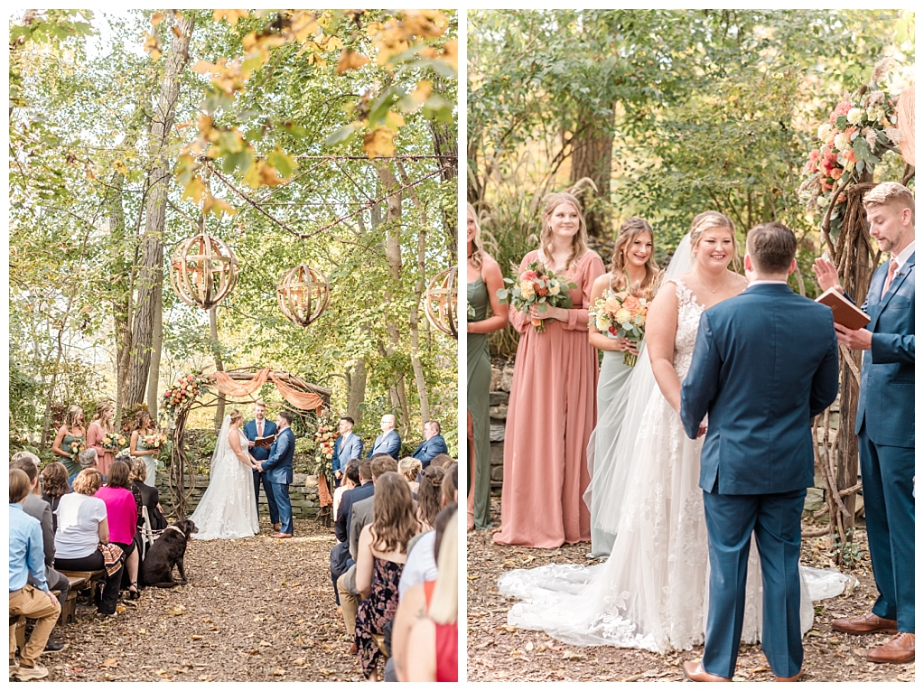 Julia and Andy exchanging vows in the rustic woodland setting of The Stone Mill Inn, York, PA.
