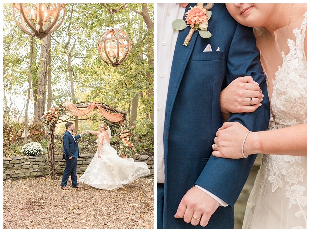 Bride and groom under rustic autumn Celtic wooden arch with florals
