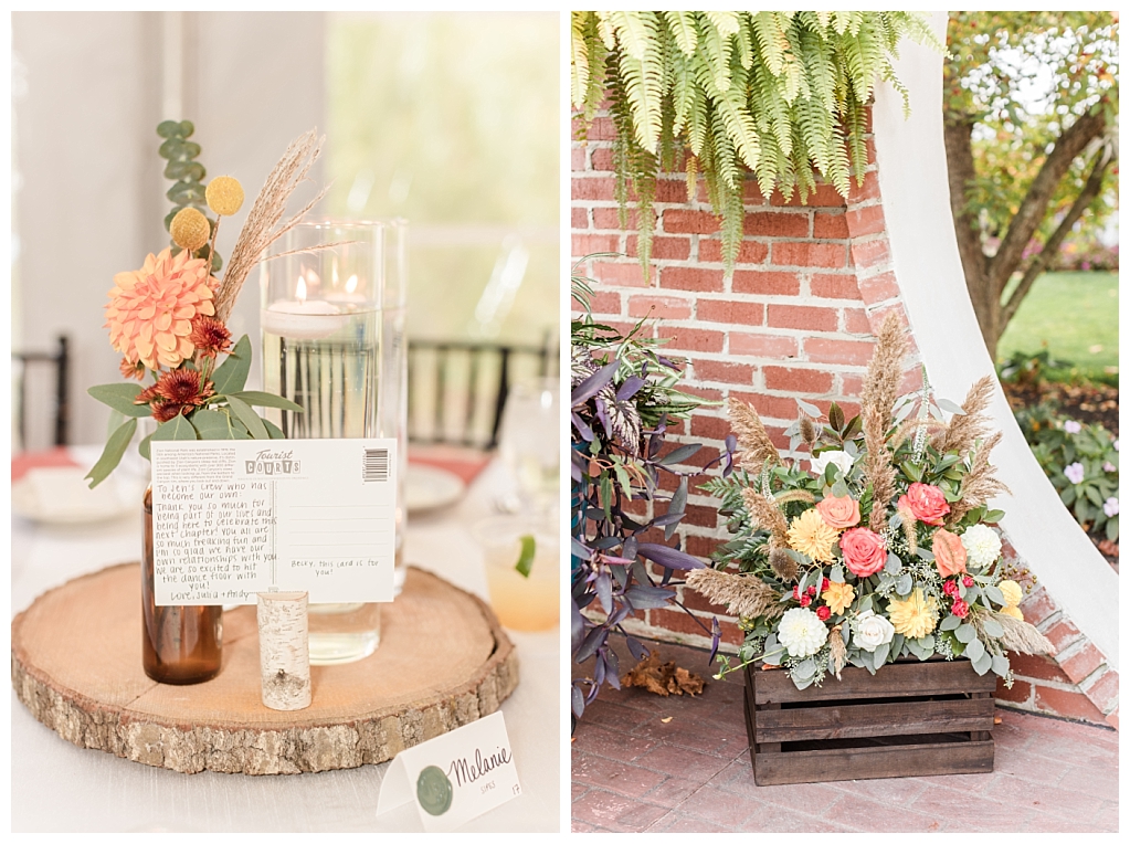 Rustic autumn wedding decor - detail shot of centerpieces and florals