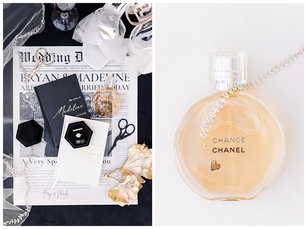 chance chanel perfume and black and white bridal details
