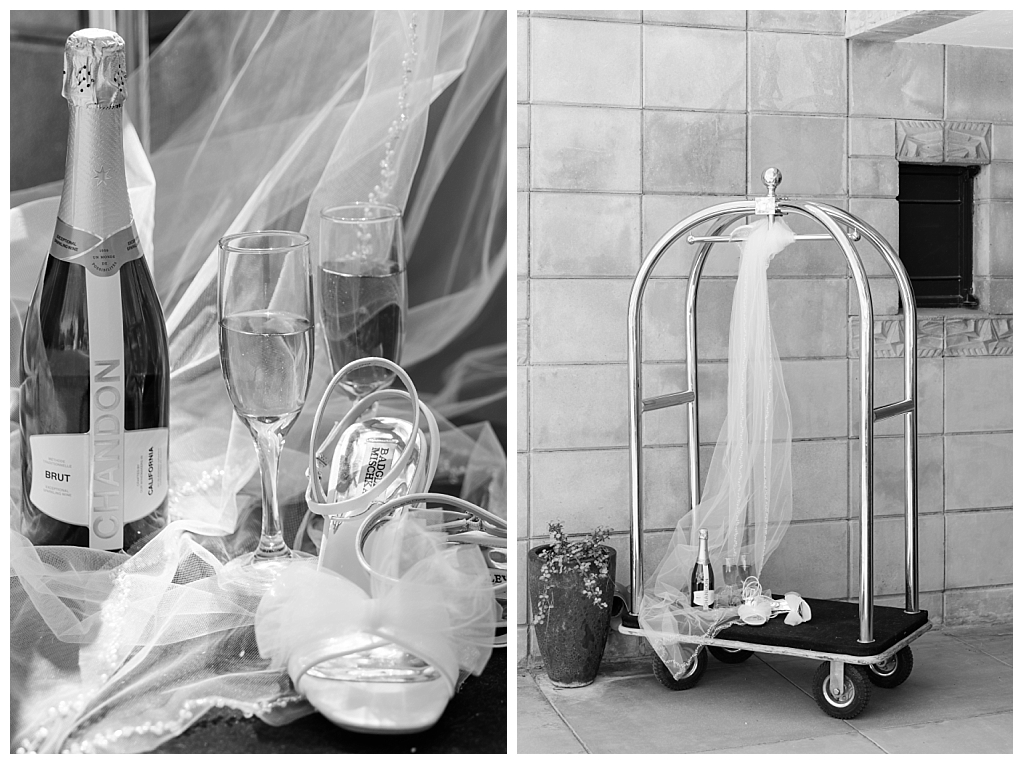 Vintage Black and White Details of bell cart, champagne, veil, and shoes
