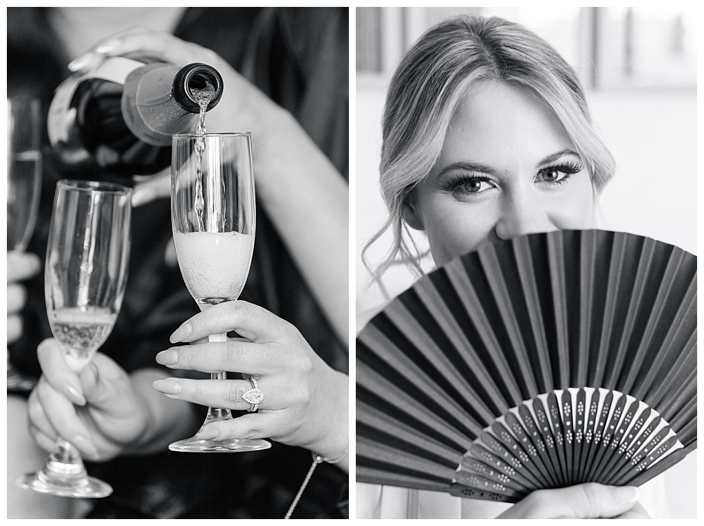 Black and white details of getting ready and champagne pouring
