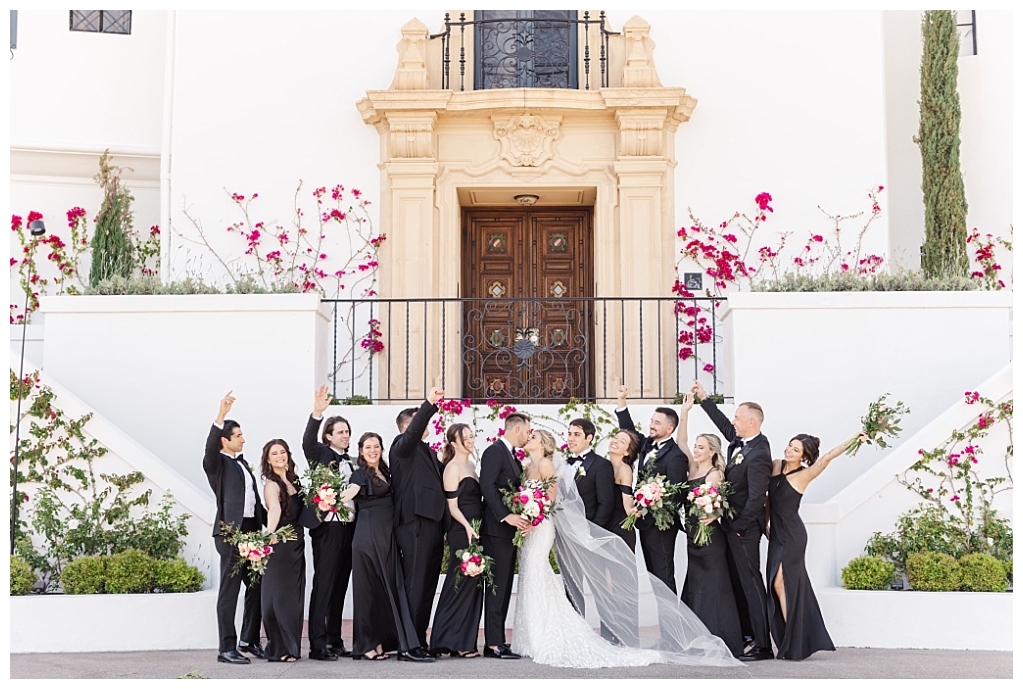 Wedding Party in front of Bougainville wall at Wrigley Mansion